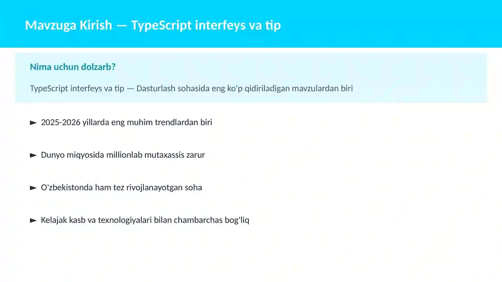 Mavzuga Kirish — TypeScript interfeys va tip 2