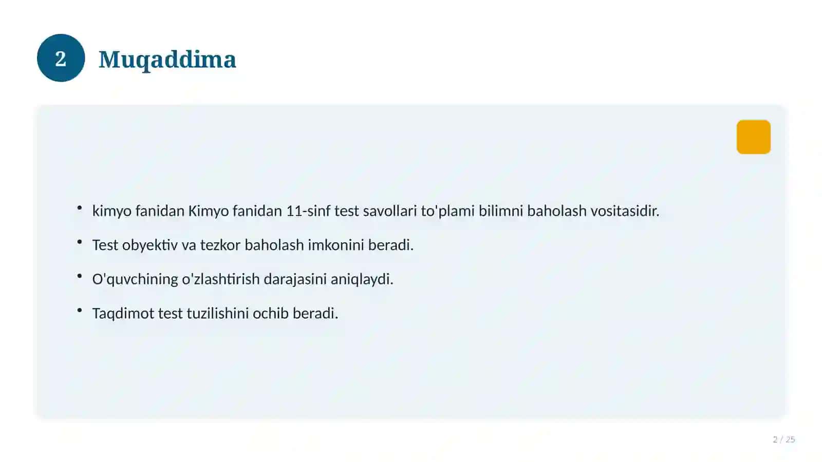Kimyo fanidan 11-sinf test savollari to'plami 2