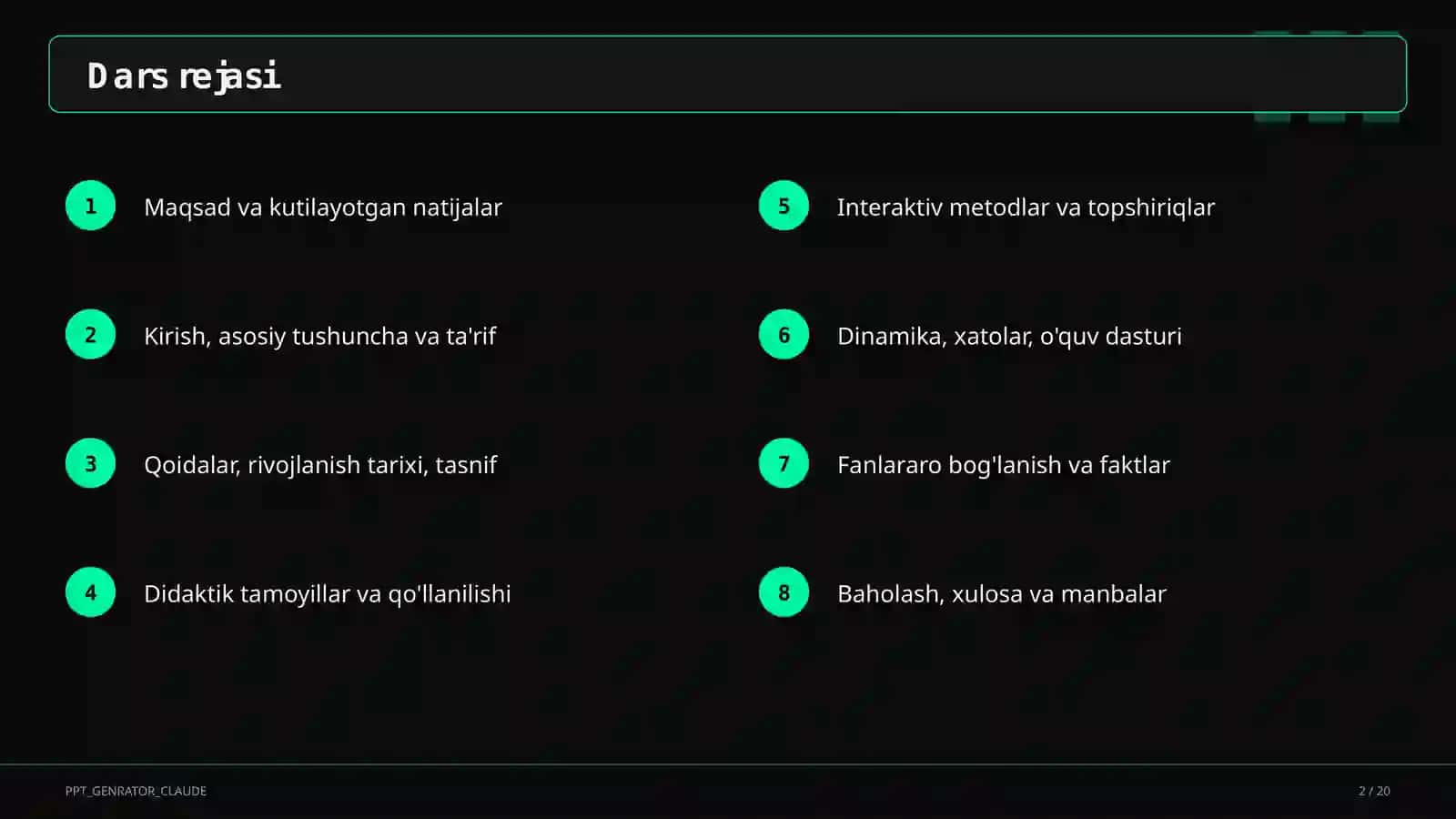 Sinf soati va tarbiyaviy tadbirlar (1–11) — o'qituvchilar uchun 2