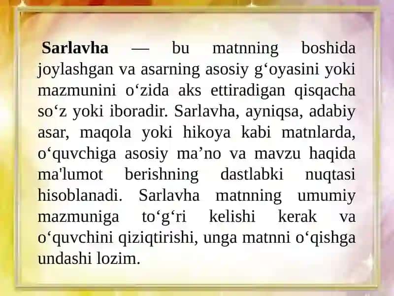 Asar sarlavhasi va asosiy fikr ustida ishlash. Sintaktik birliklar, so‘z birikmalari, gap ustida ishlash. Boshlang‘ich sinflarda matn asosida lug‘at ustida ishlash. 2