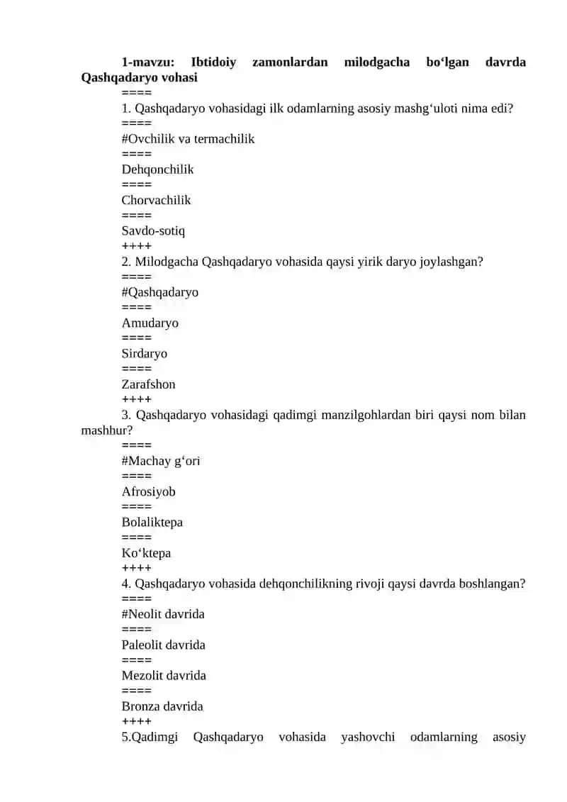 QASHQADARYO TARIXI TEST SAVOLLARI 2