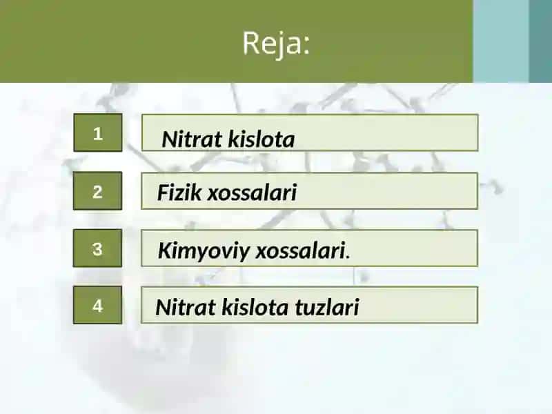 Nitratkislotaning kimyoviy xossalari "Zarsuvi" 2