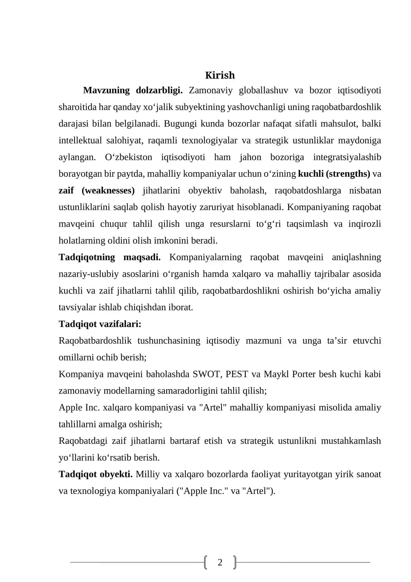 Kampaniya raqobat mavqeining kuchli va zaif jihatlar 2