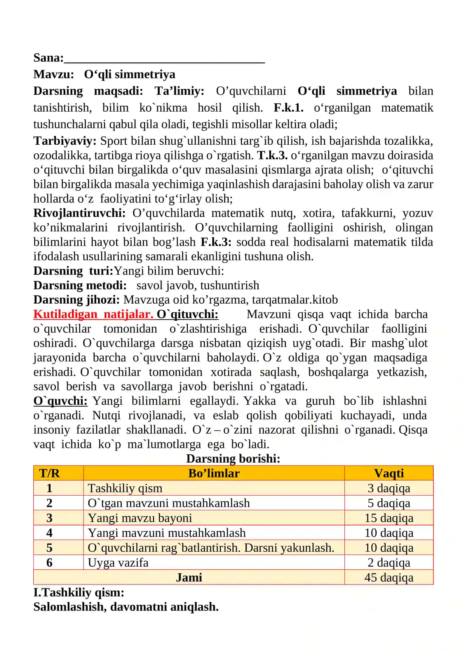 O‘qli simmetriya mavzusida 3-sinf Matematika fanidan dars ishlanmasi 2