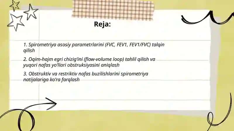 Nafas a'zolari kasalliklaridagi funksional-instrumental tekshiruvlar (spirometriya, pnevmotaxometriya, oksigemometriya) natijalarini interpretatsiyasi. 2