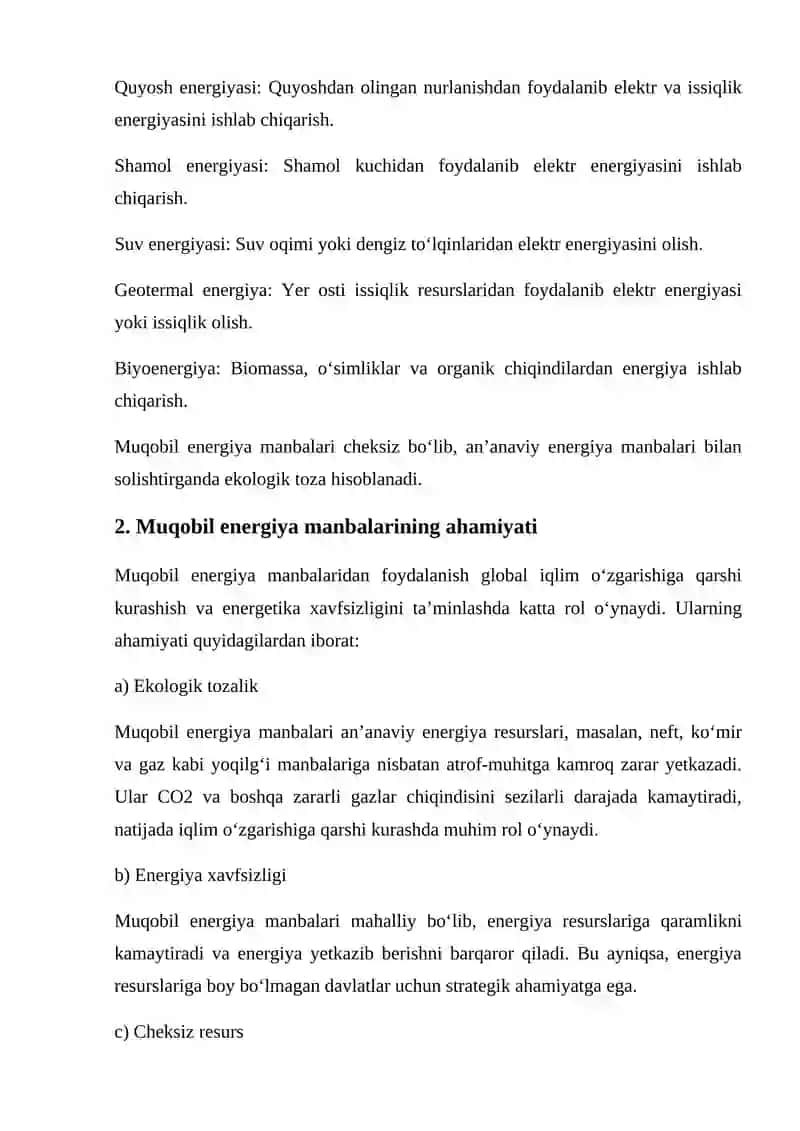 Muqobil energiya manbalaridan samarali foydalanish 2