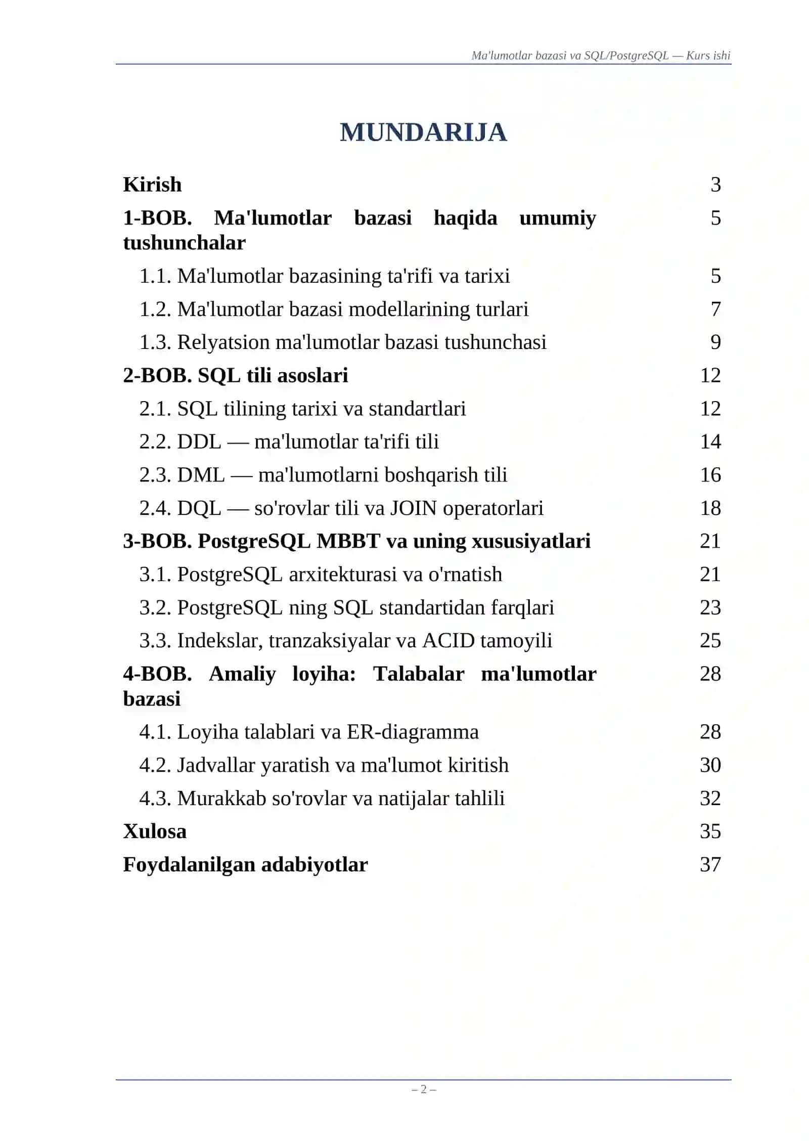 Ma'lumotlar bazasi va SQL/PostgreSQL 2
