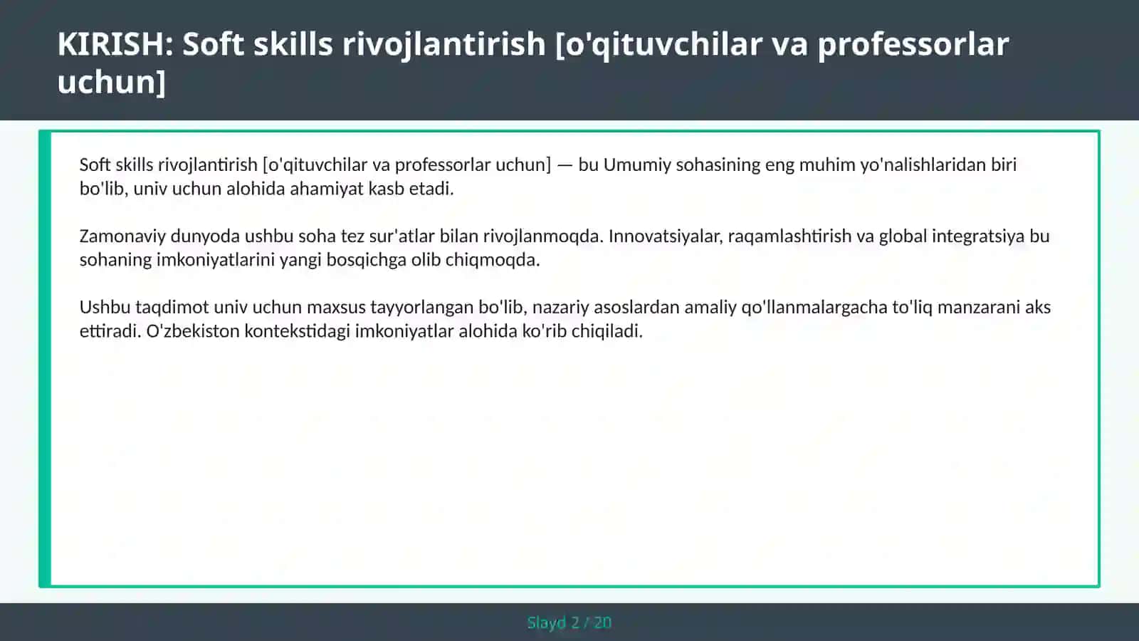 Soft skills rivojlantirish [o'qituvchilar va professorlar uchun] 2