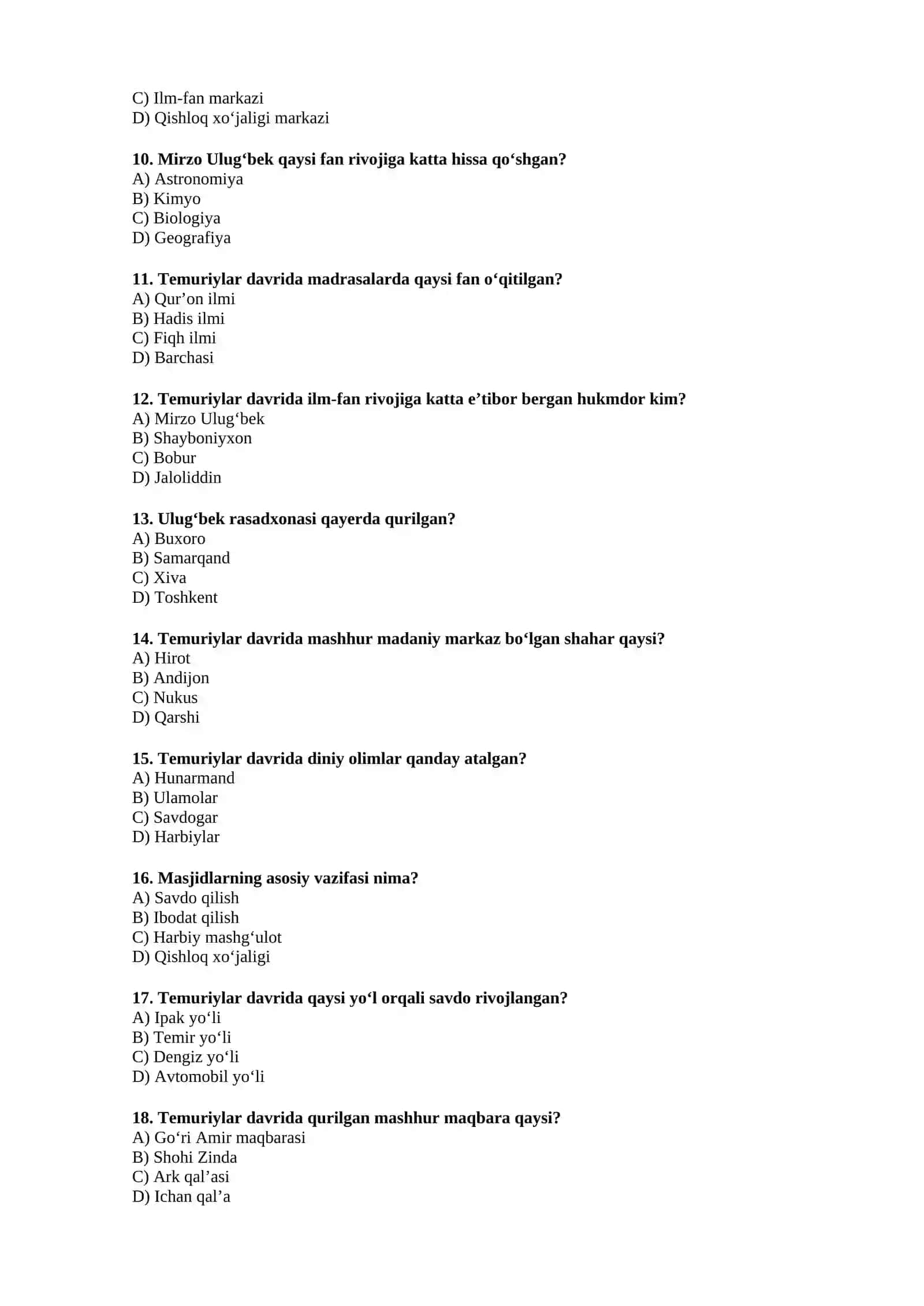 Temuriylar davrida Islom diniga e’tibor (Test) 2