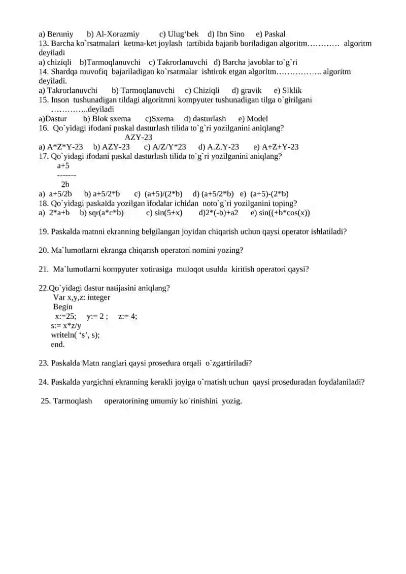 Informatika test 9- sinf olimpiada 2-variant 2