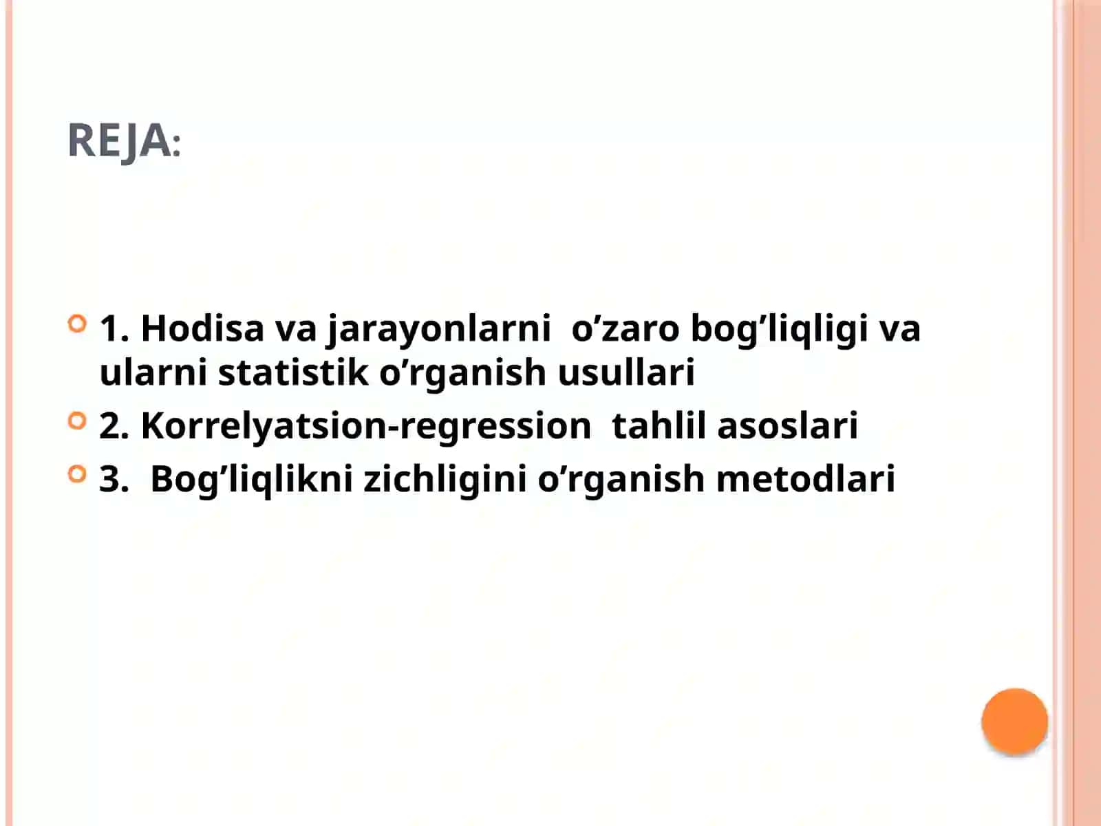 O’ZARO BOG’LANISHLARNI STATISTIK O’RGANISH 2