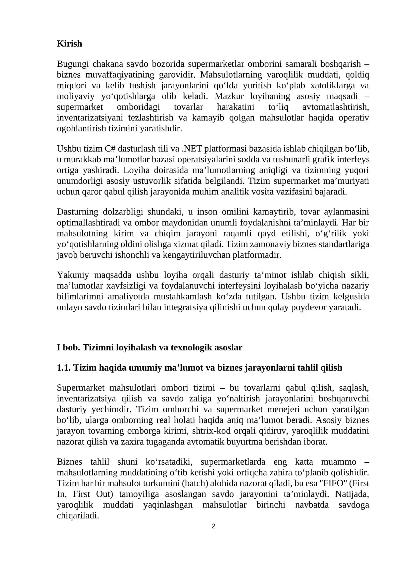 Supermarket ombor tizimi haqida umumiy ma’lumot va biznes tahlil 2