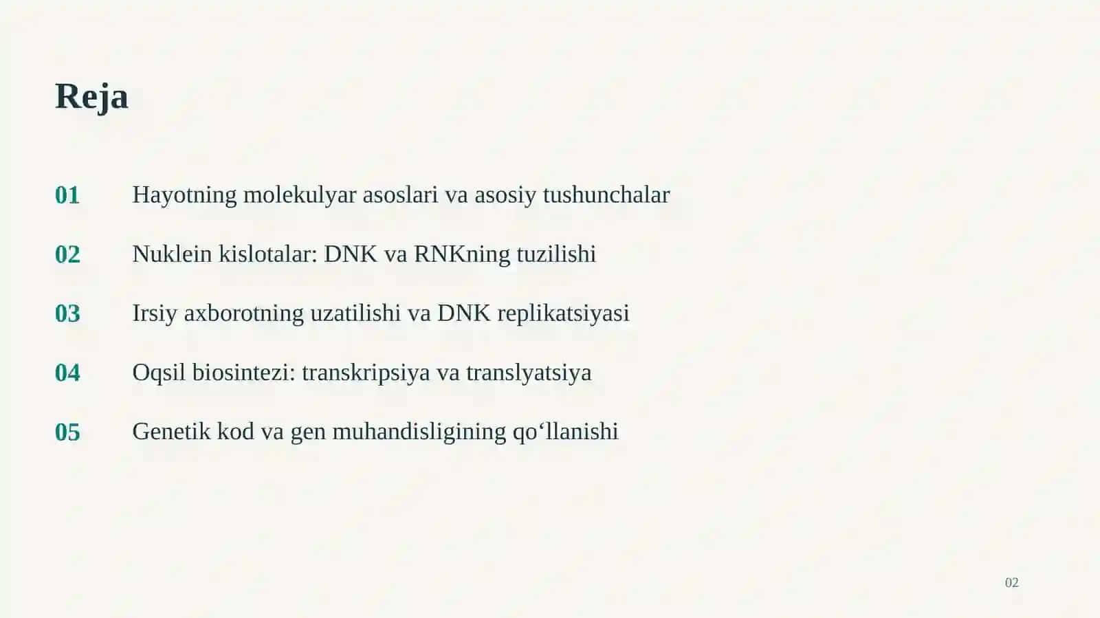 Molekulyar Biologiya Reja 2