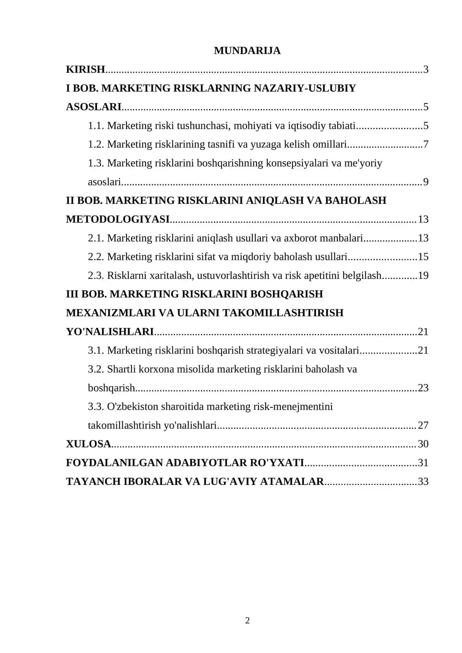 MARKETING RISKLARNI ANIQLASH, BAHOLASH VA BOSHQARISH MEXANIZMLARI 2