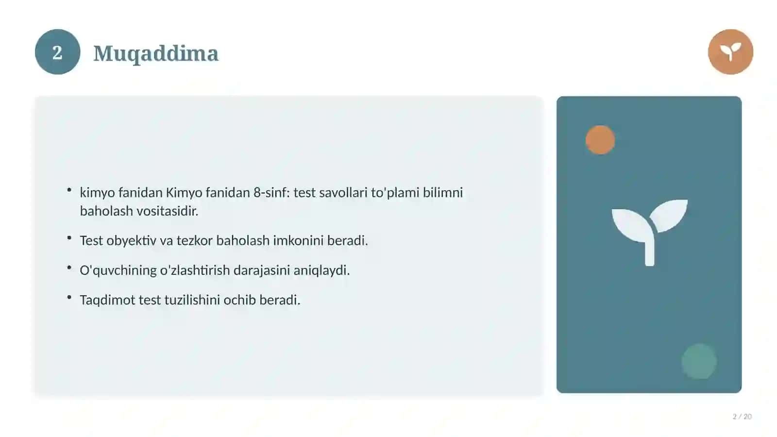 Kimyo fanidan 8-sinf: test savollari to'plami 2