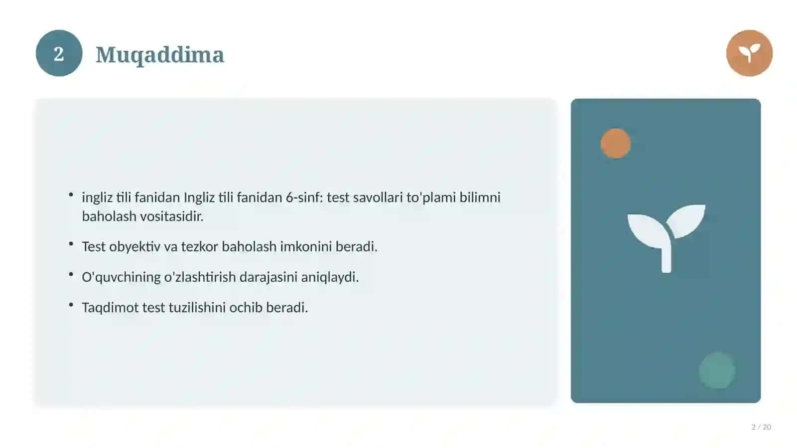 Ingliz tili fanidan 6-sinf: test savollari to'plami 2