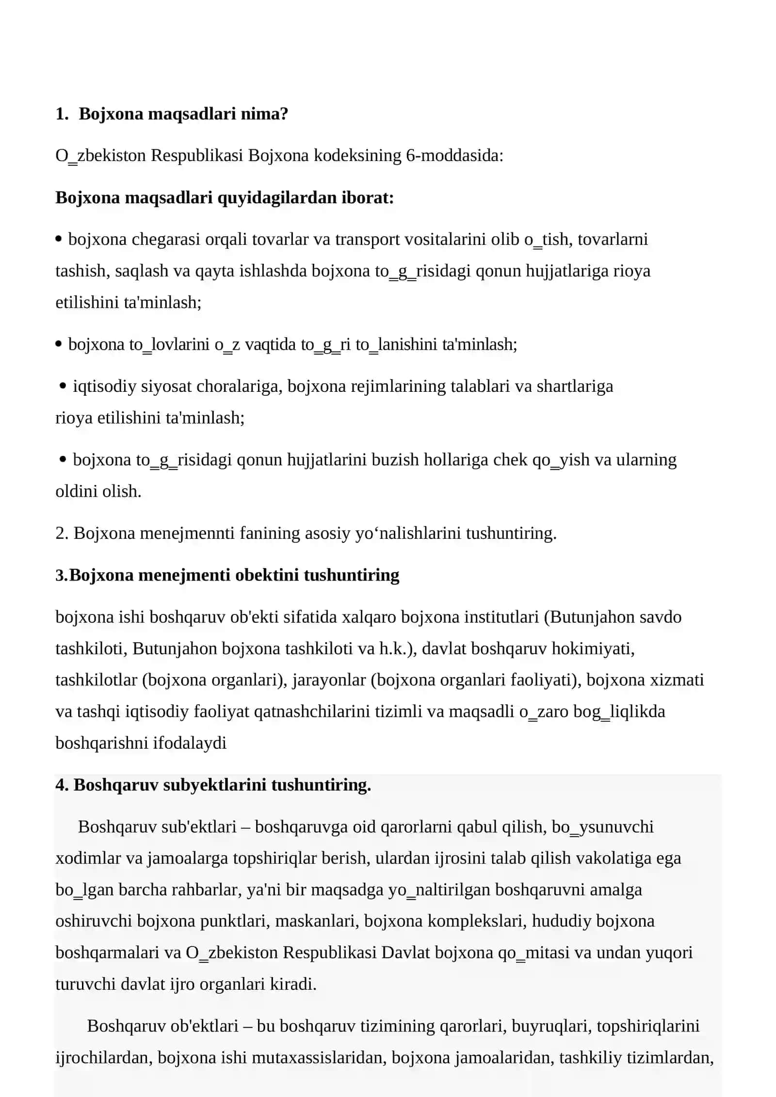 Bojxona qo‘mitasiga ishga kirish uchun savol-javoblar to‘plami 2