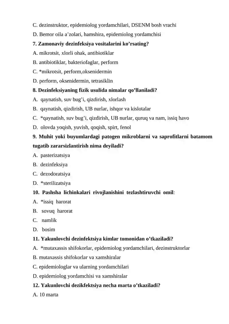 Dezinfeksiya ishi fanidan test, javoblari bilan 2