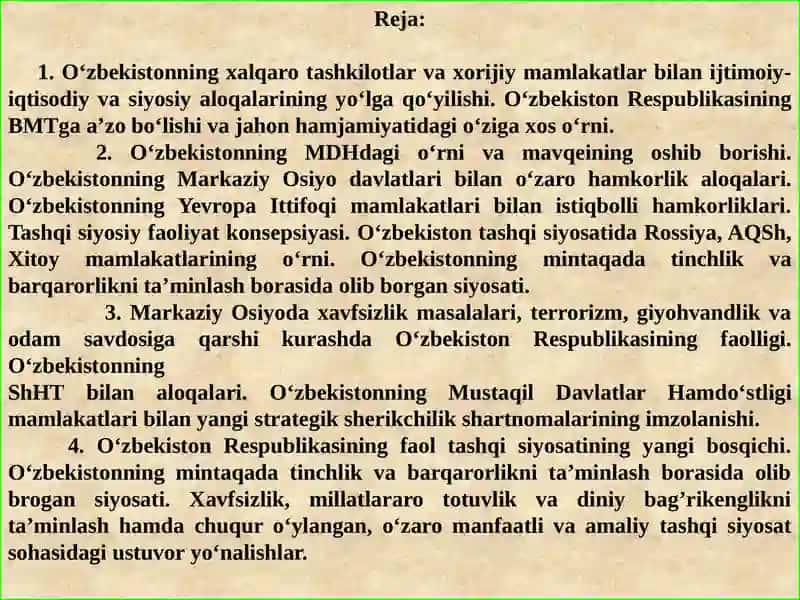 O‘zbekiston va jahon hamjamiyati. 2
