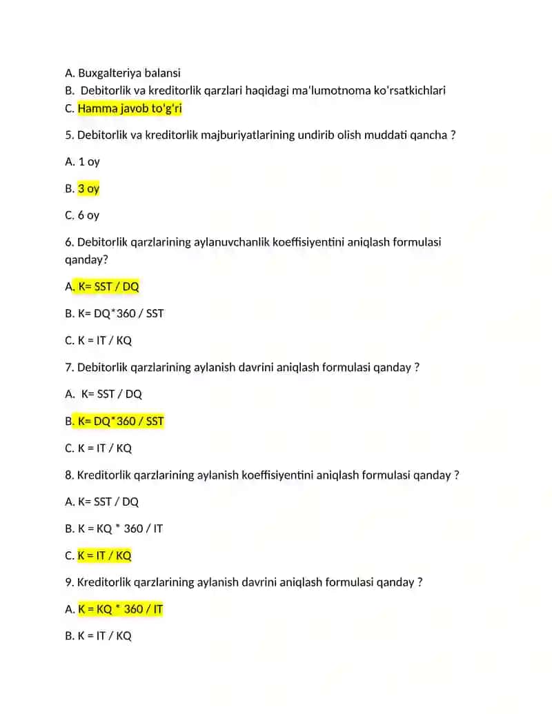 Moliyaviy tahlil test 2