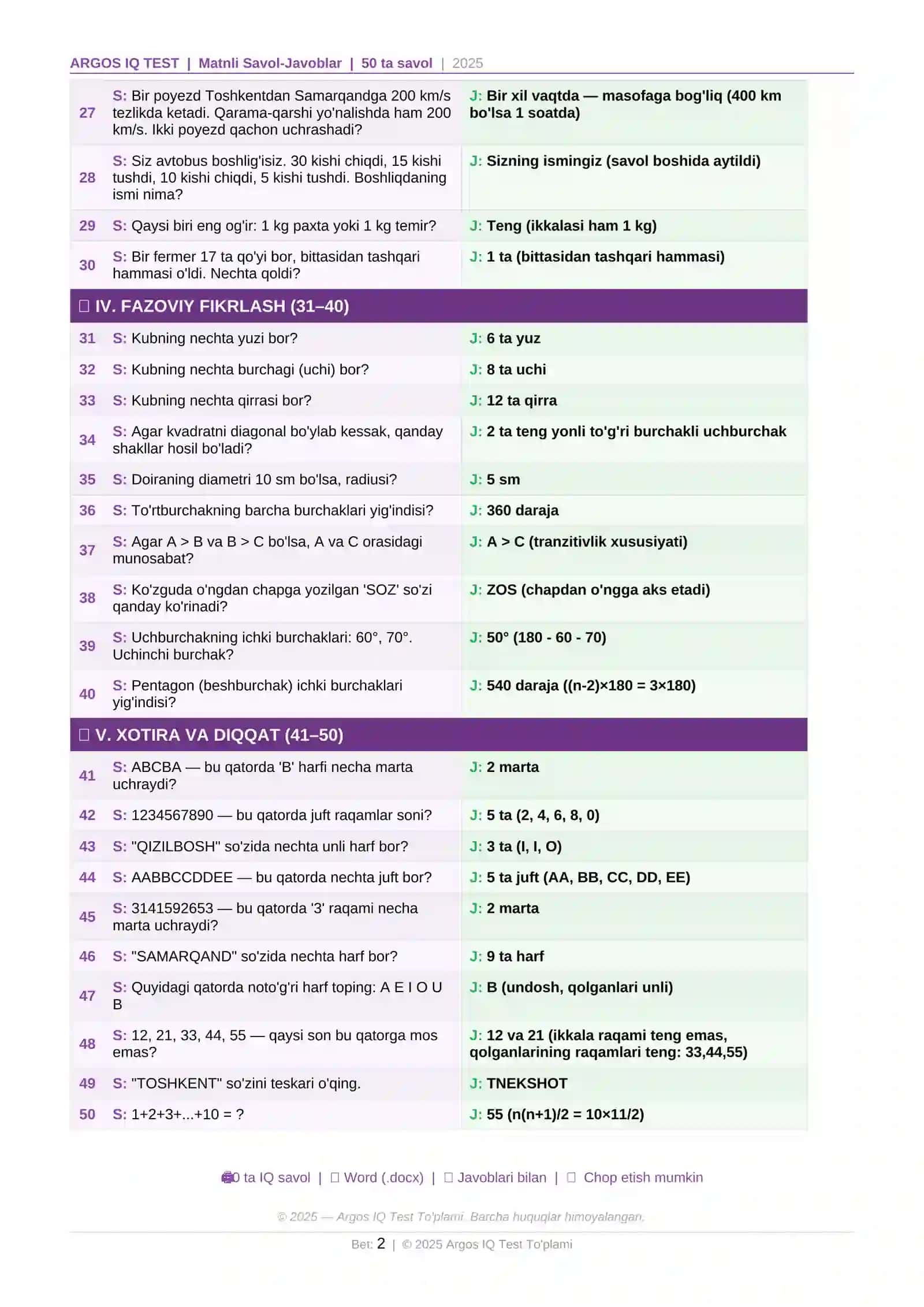 Argos IQ Test | 50 ta Mantiqiy Savol-Javob | Sonlar, Analogiya, Fazoviy Fikrlash 2