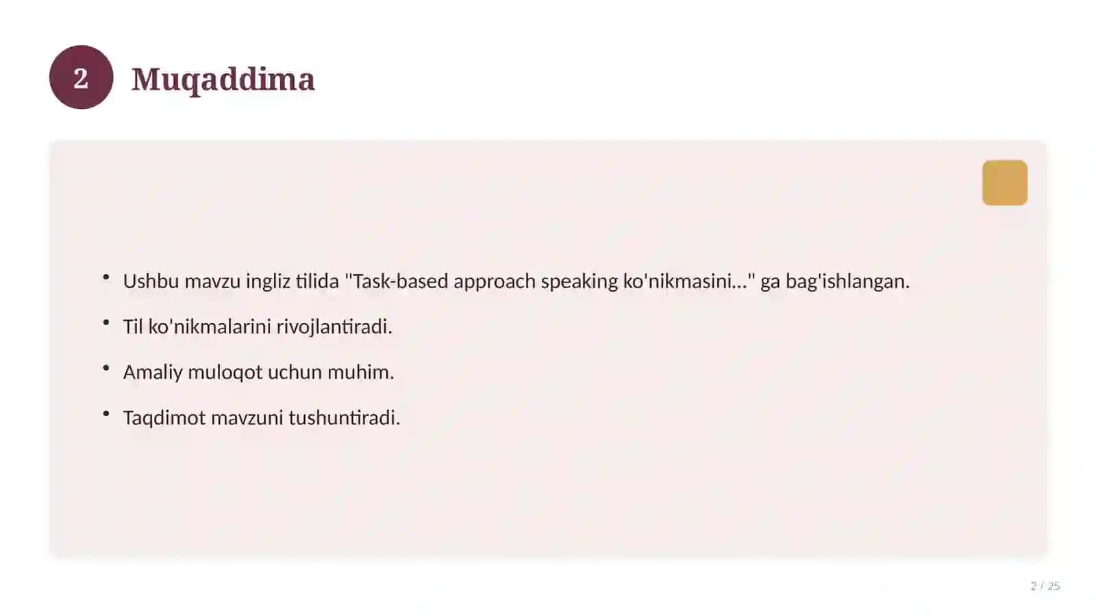 Task-based approach speaking ko'nikmasini rivojlantirishda 2