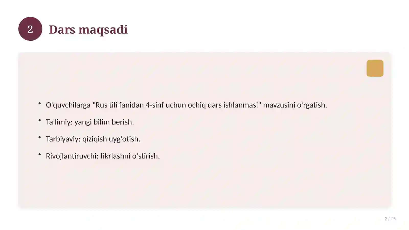 Rus tili fanidan 4-sinf uchun ochiq dars ishlanmasi 2