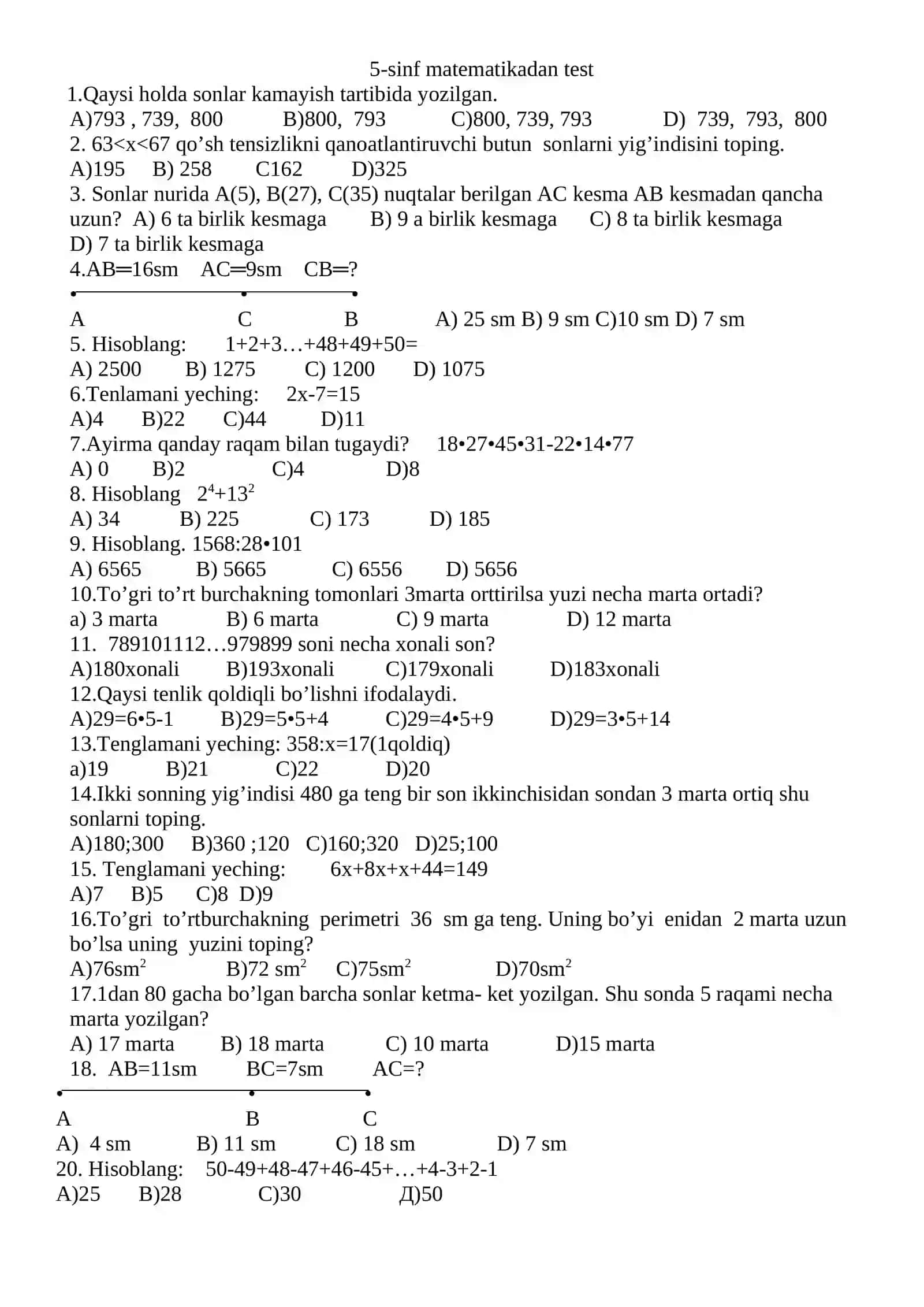5-sinf Matematika yozma ish 2