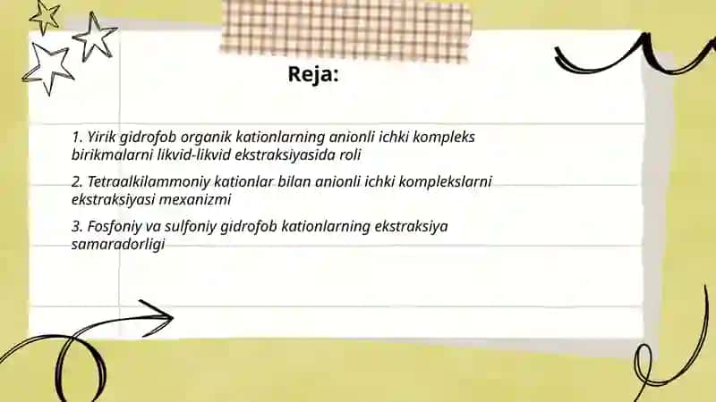 Anionli ichki kompleks birikmalarni ekstraksiyalashda yirik gidrofob organik kationlarning qo‘llanilishi 2