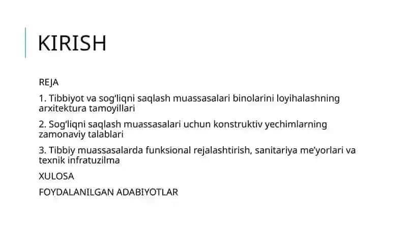 Tibbiyot va sog'liqni saqlash muassasalari binolari uchun arxitektura va konstruktiv yechimlari 2