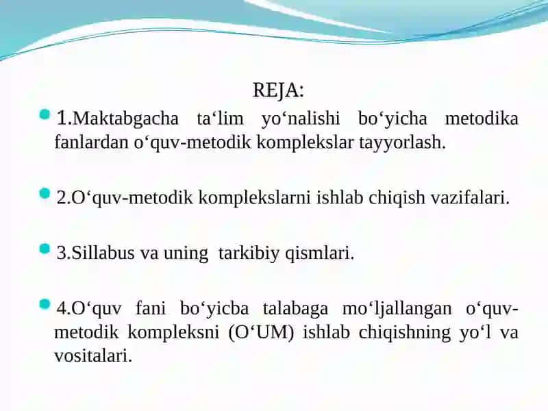 Maktabgacha ta'lim yo'nalishlari bo'yicha metodik afanlardan o'quv-metodik komplekslarni tayyorlash 2