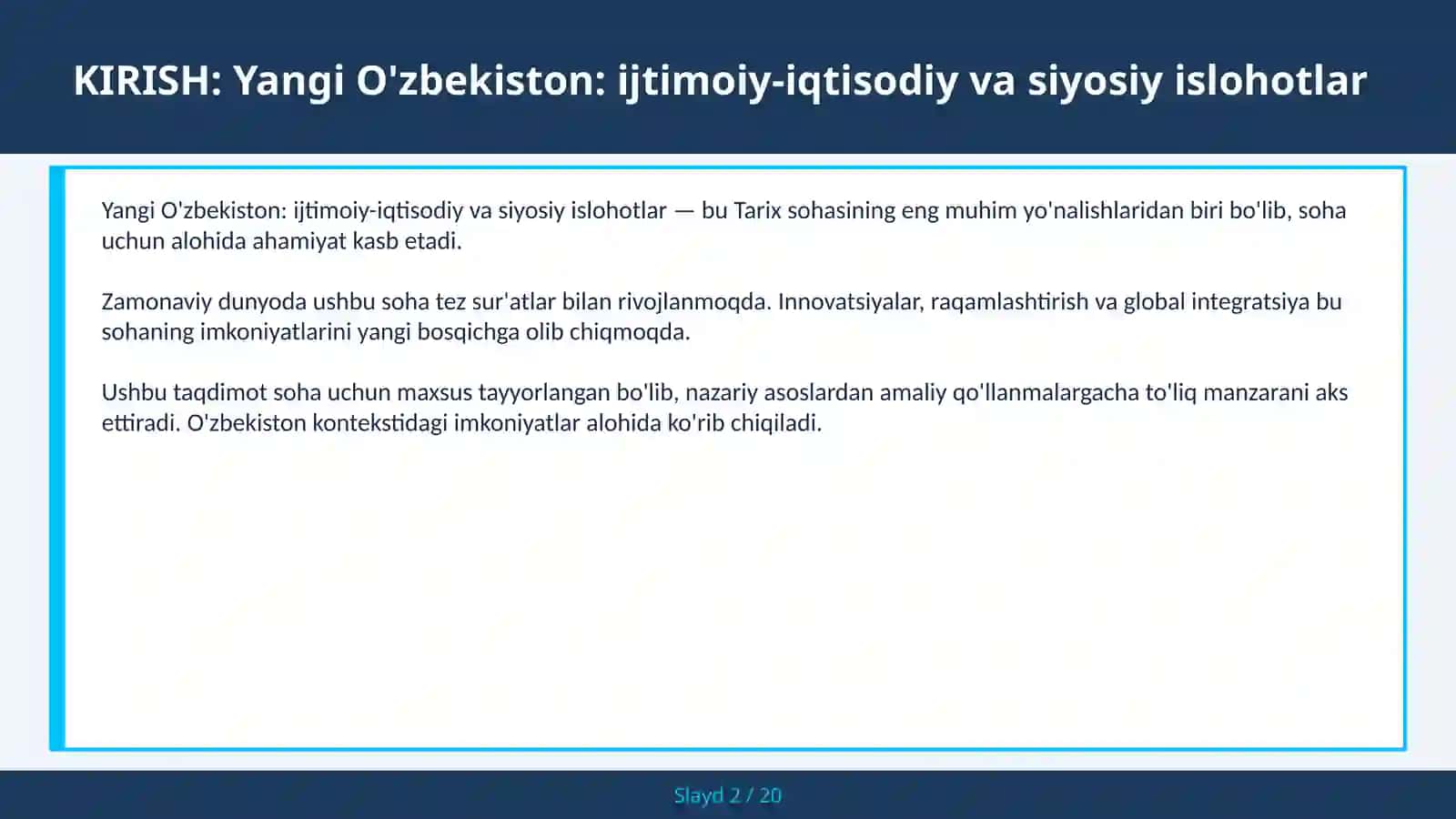 Yangi O'zbekiston: ijtimoiy-iqtisodiy va siyosiy islohotlar 2
