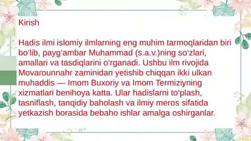 Imom Buxoriy va Imom Termiziyning hadis ilmiga qo'shgan hissalarini qiyosiy tahlili 2