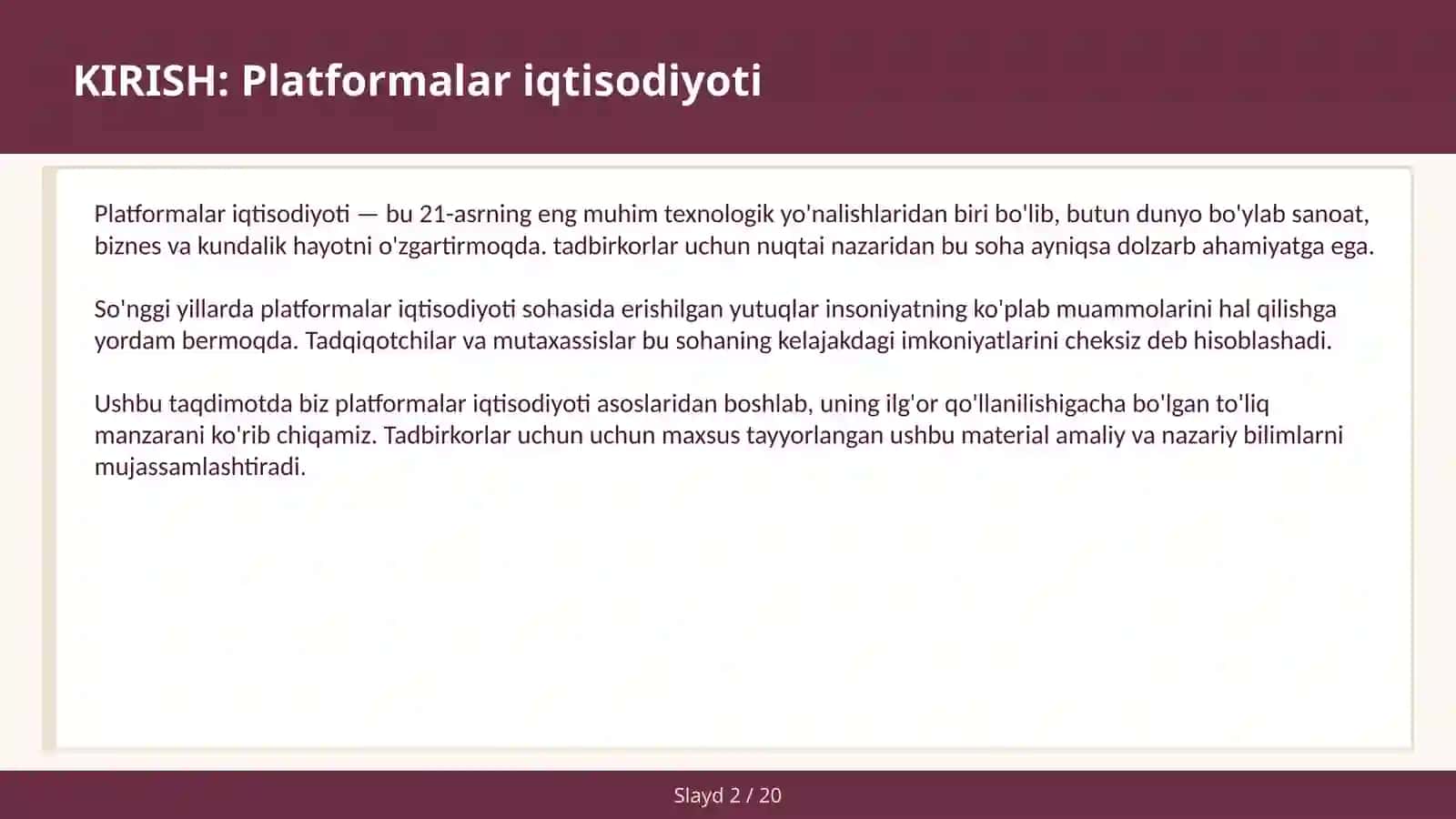 PLATFORMALAR IQTISODIYOTI 2