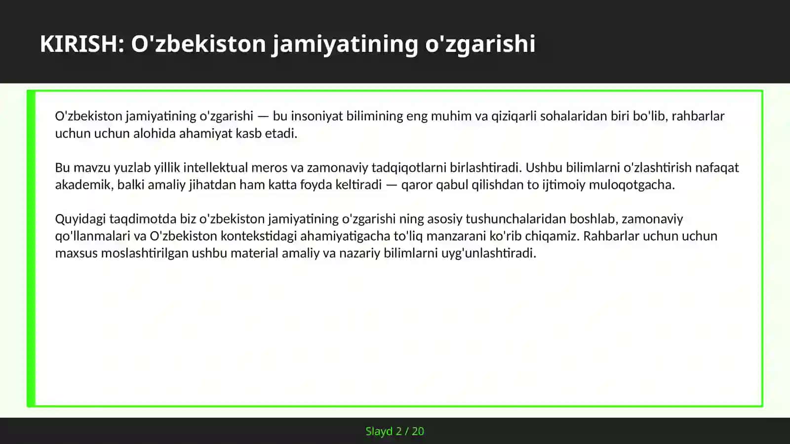 O'ZBEKISTON JAMIYATINING O'ZGARISHI 2