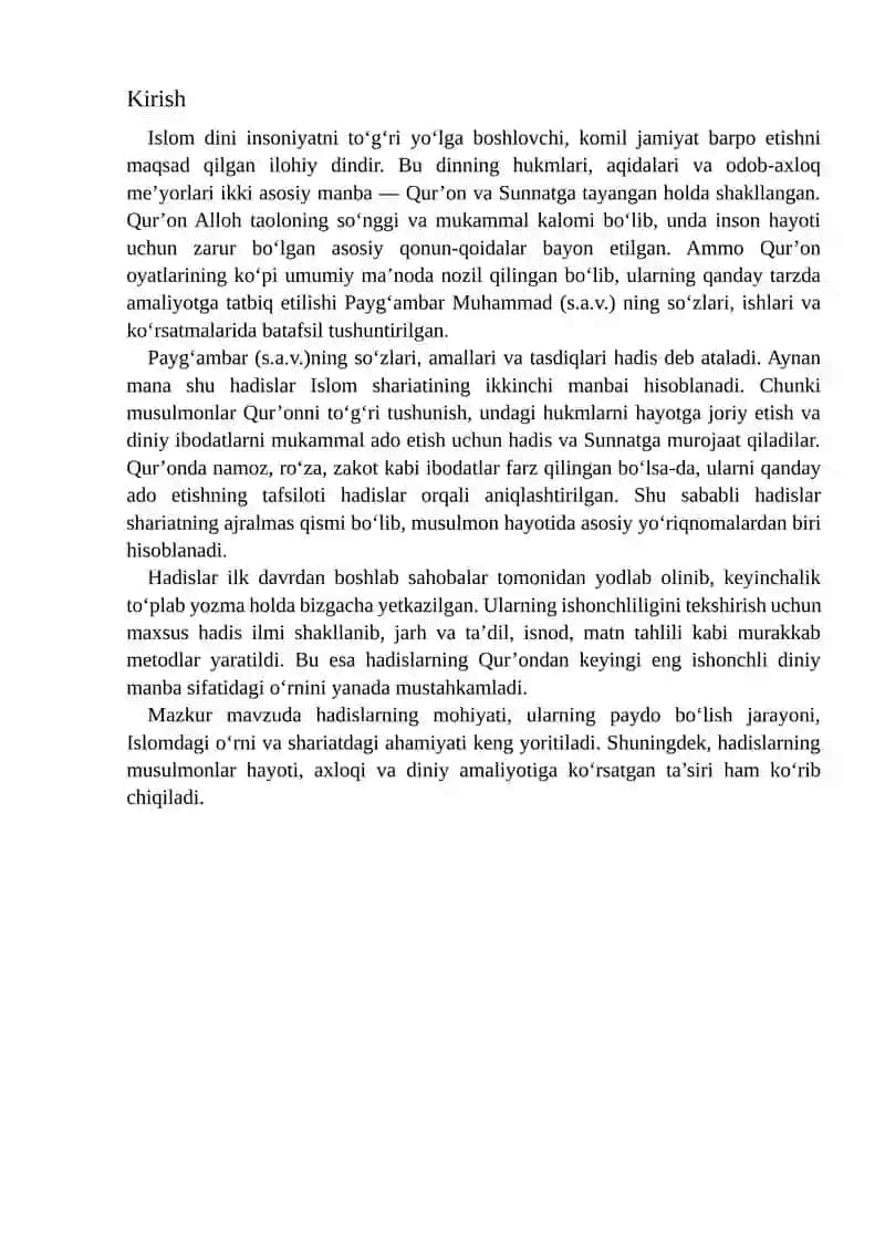 HADISLAR ISLOM DININING QURONDAN KEYINGI MANBAI 2