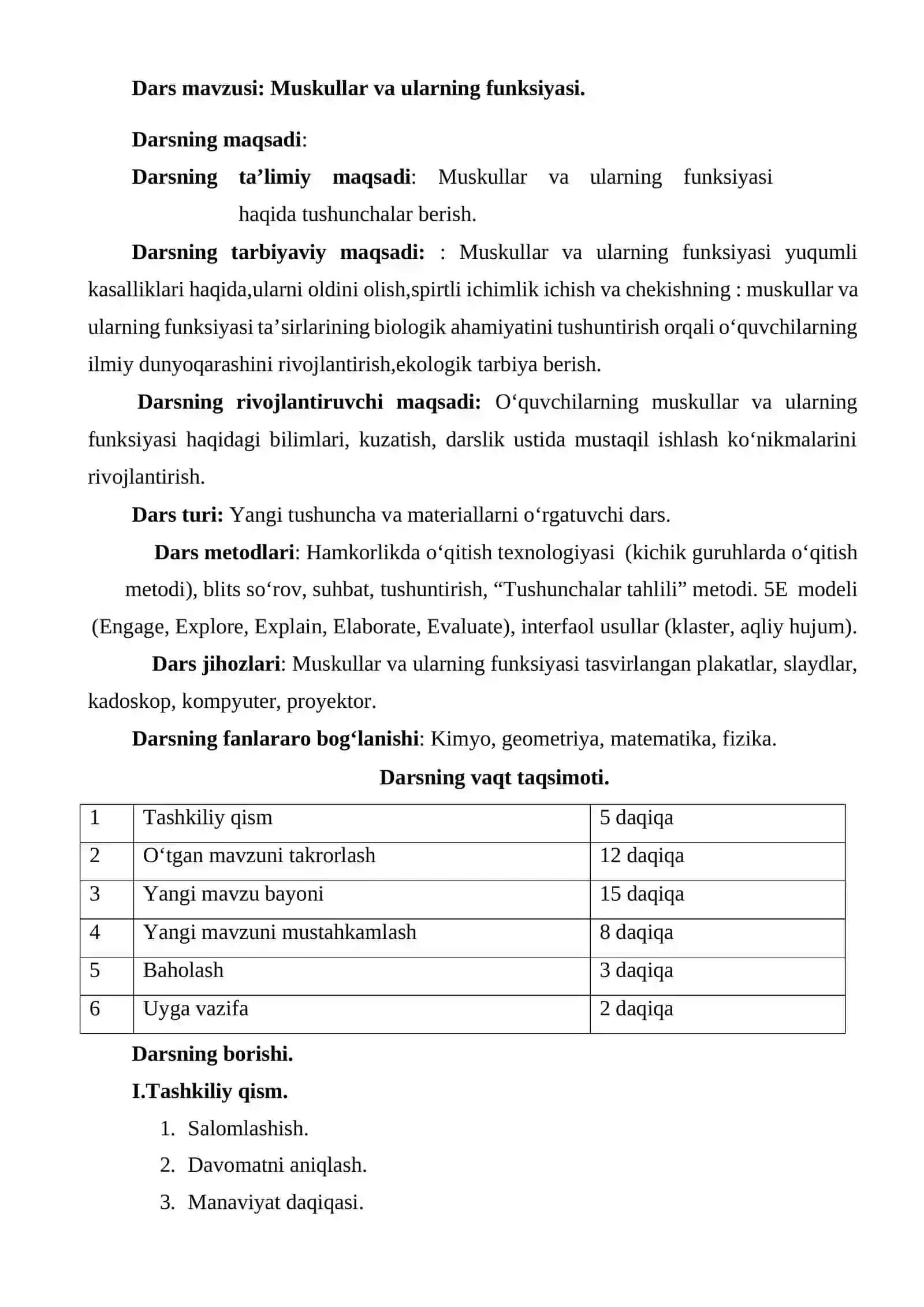 “Muskullar” 8-sinf Biologiya bir soatlik dars ishlanmasi 2