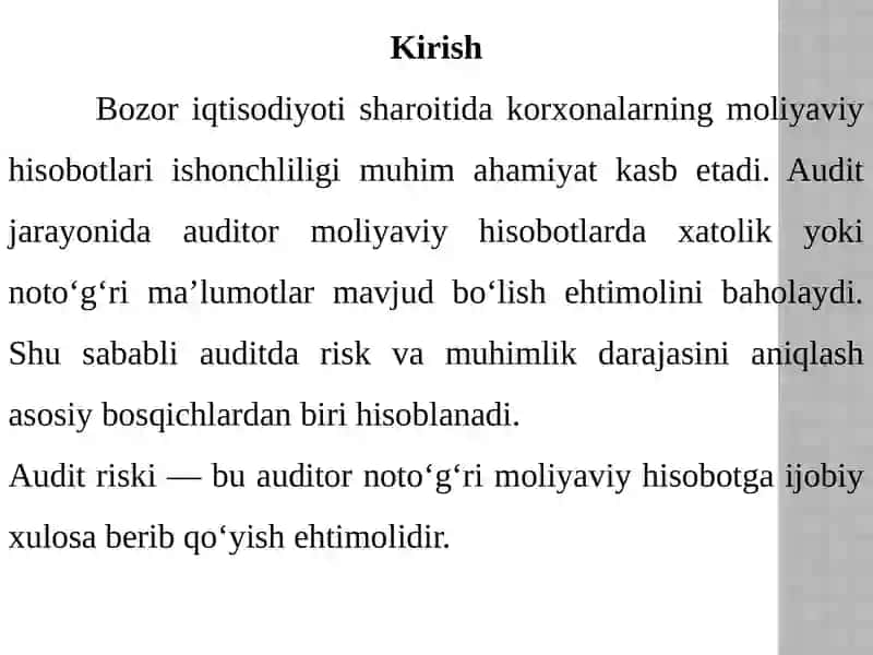 Auditda risk va muhimlik darajasini aniqlash 2