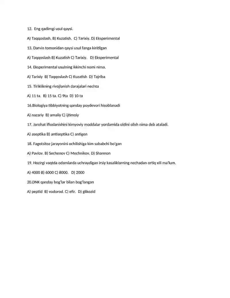 Biologiya Test Topshiriqlar 2