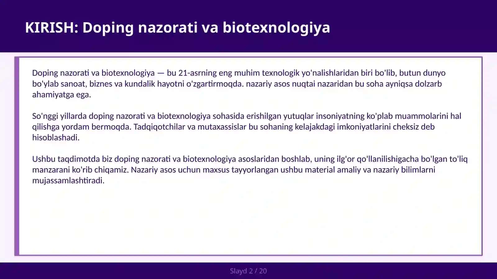DOPING NAZORATI VA BIOTEXNOLOGIYA 2