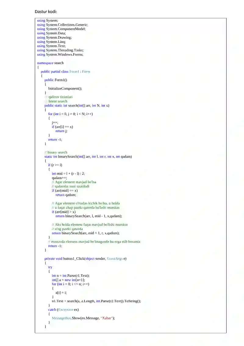 Qidiruv tizimlari (linear search, binary search) dastur kodi 2
