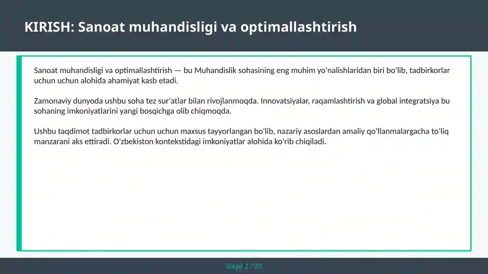 SANOAT MUHANDISLIGI VA OPTIMALLASHTIRISH 2