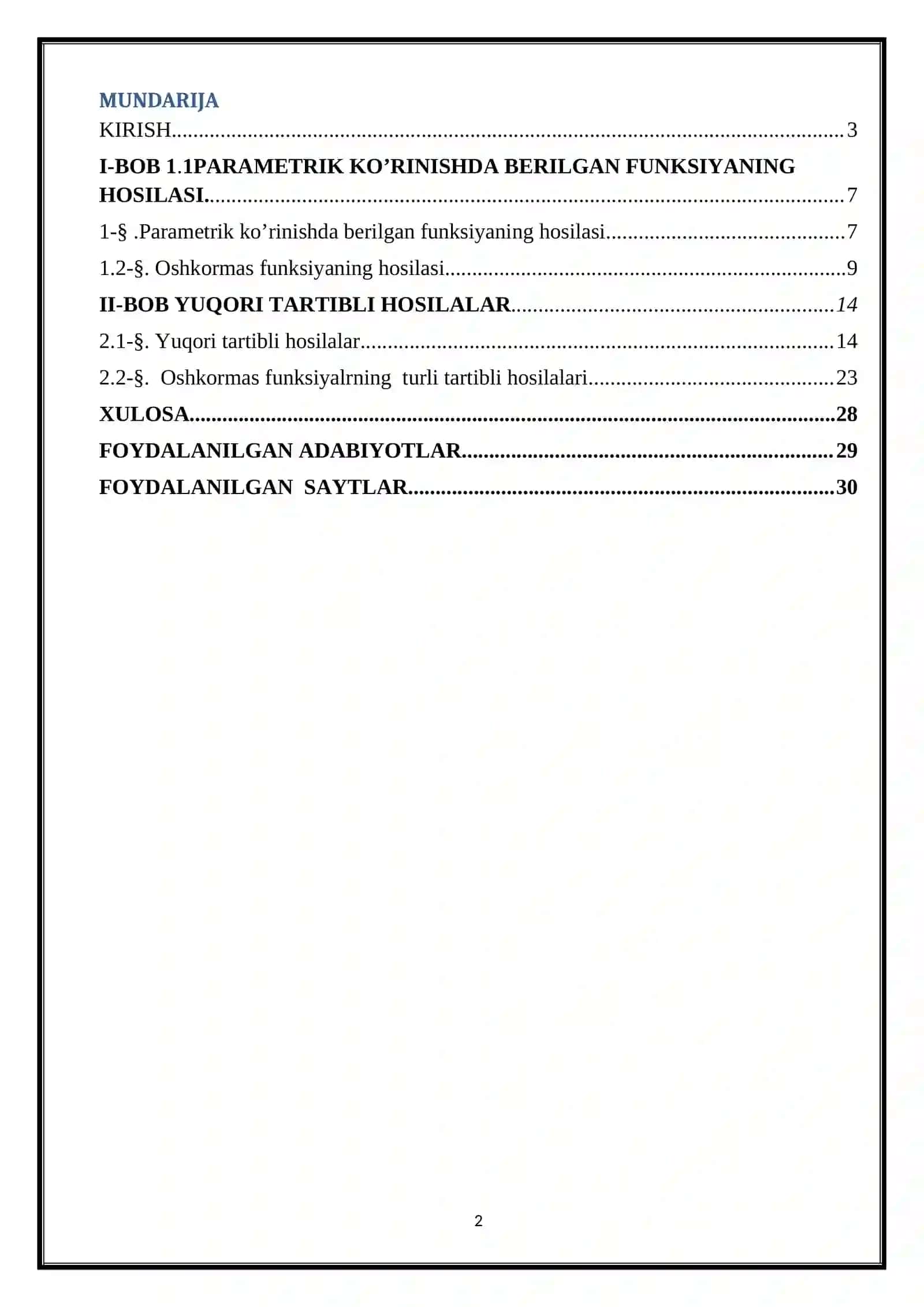 Oshkormas funksiyalar va uning  hosilalari 2