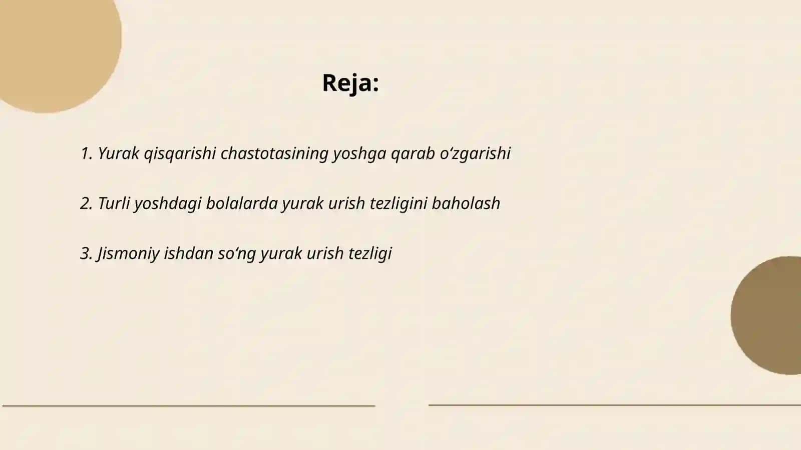 Turli yoshdagi bolalarda meyorda va jismoniy ishdan keyingi yurak chastotasi aniqlanib,yurakning sistolik va minutlik hajmini aniqlash 2