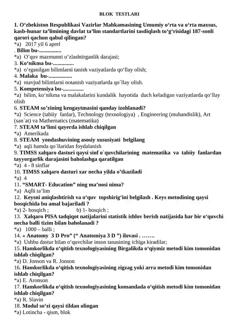 TESTLAR TO’PLAMI 2