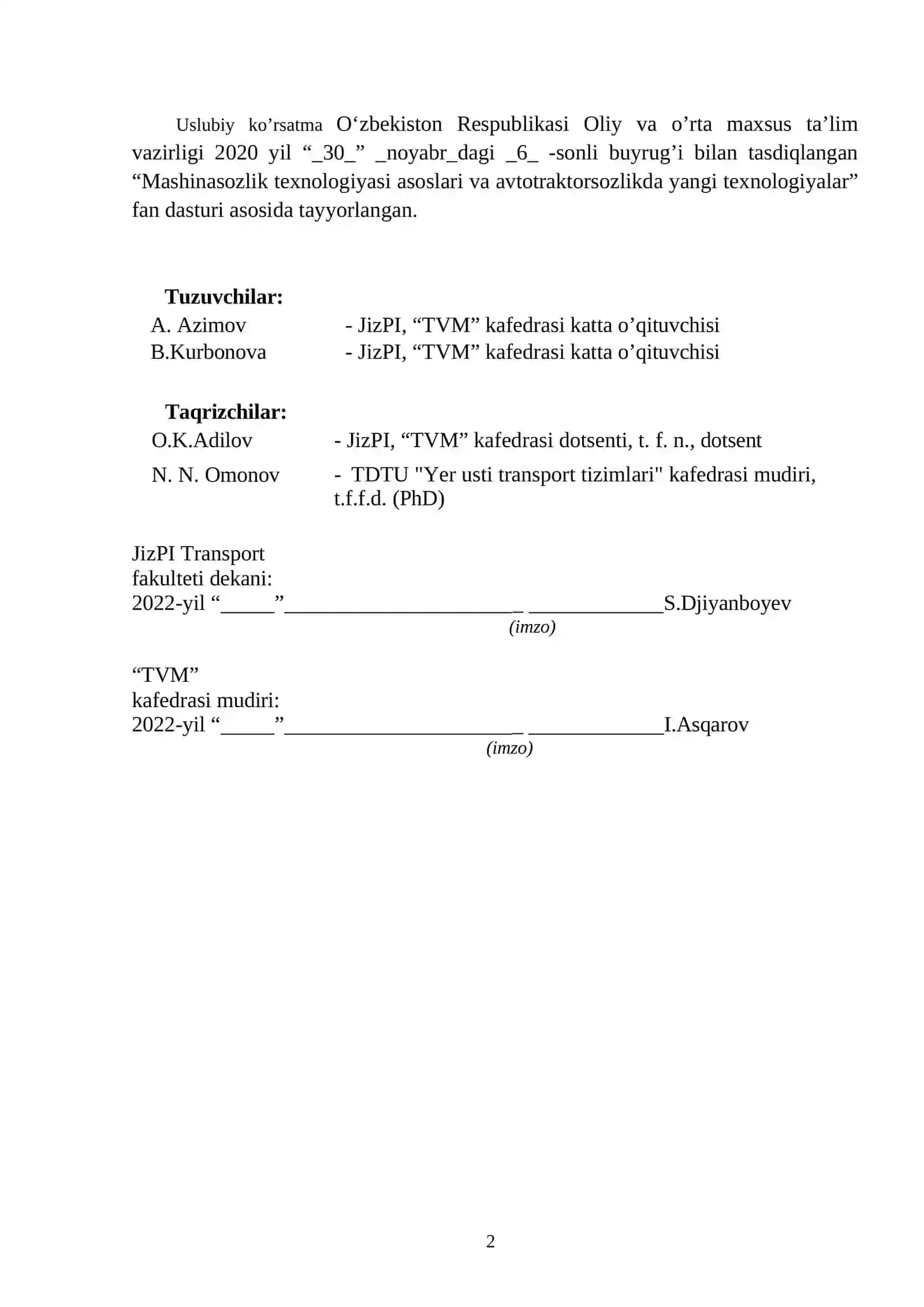 Mashinasozlik texnologiyasi asoslari va avtotraktorsozlikda yangi texnologiyalar 2