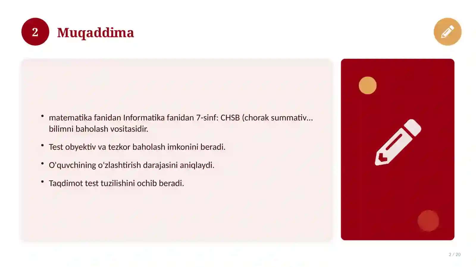 Informatika fanidan 7-sinf: CHSB (chorak summativ baholash) 2