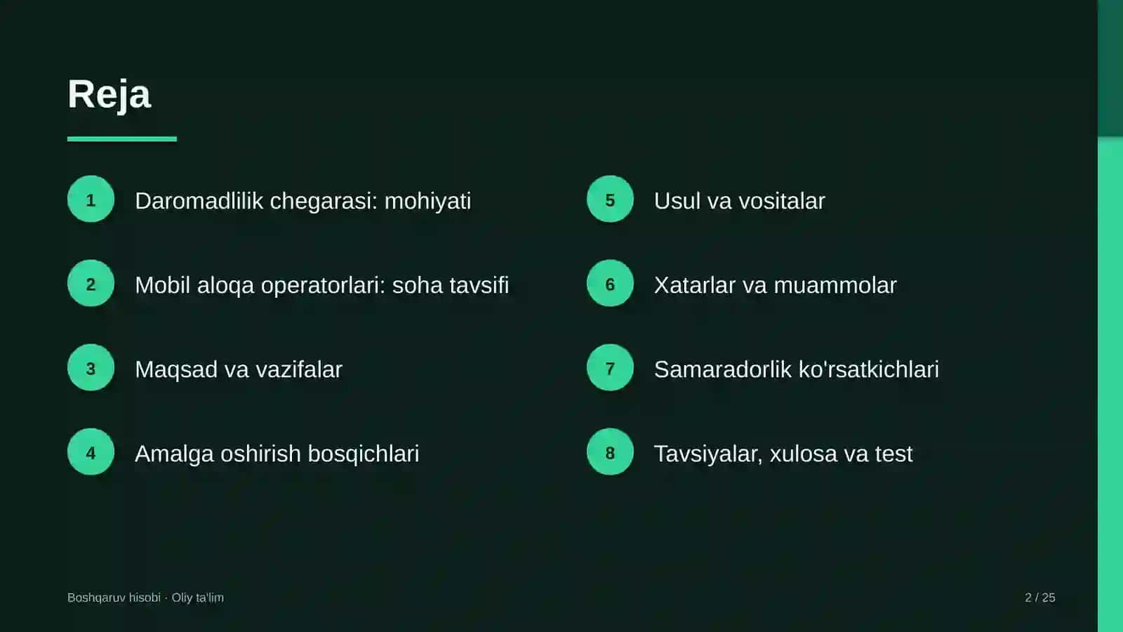 mobil aloqa operatorlarida daromadlilik chegarasini aniqlash 9022 2
