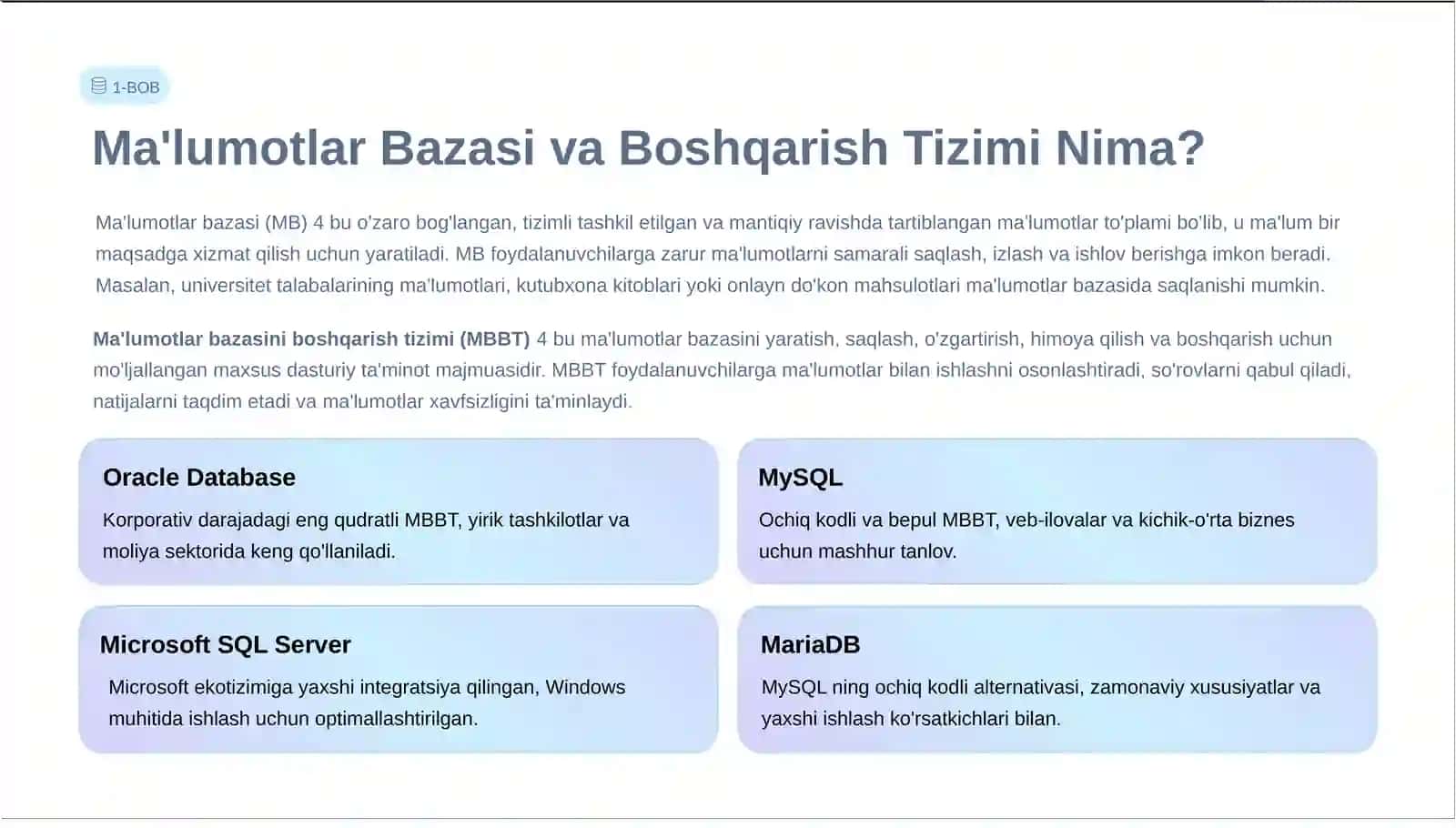Ma'lumotlar Bazasi Boshqarish Tizimlari 2