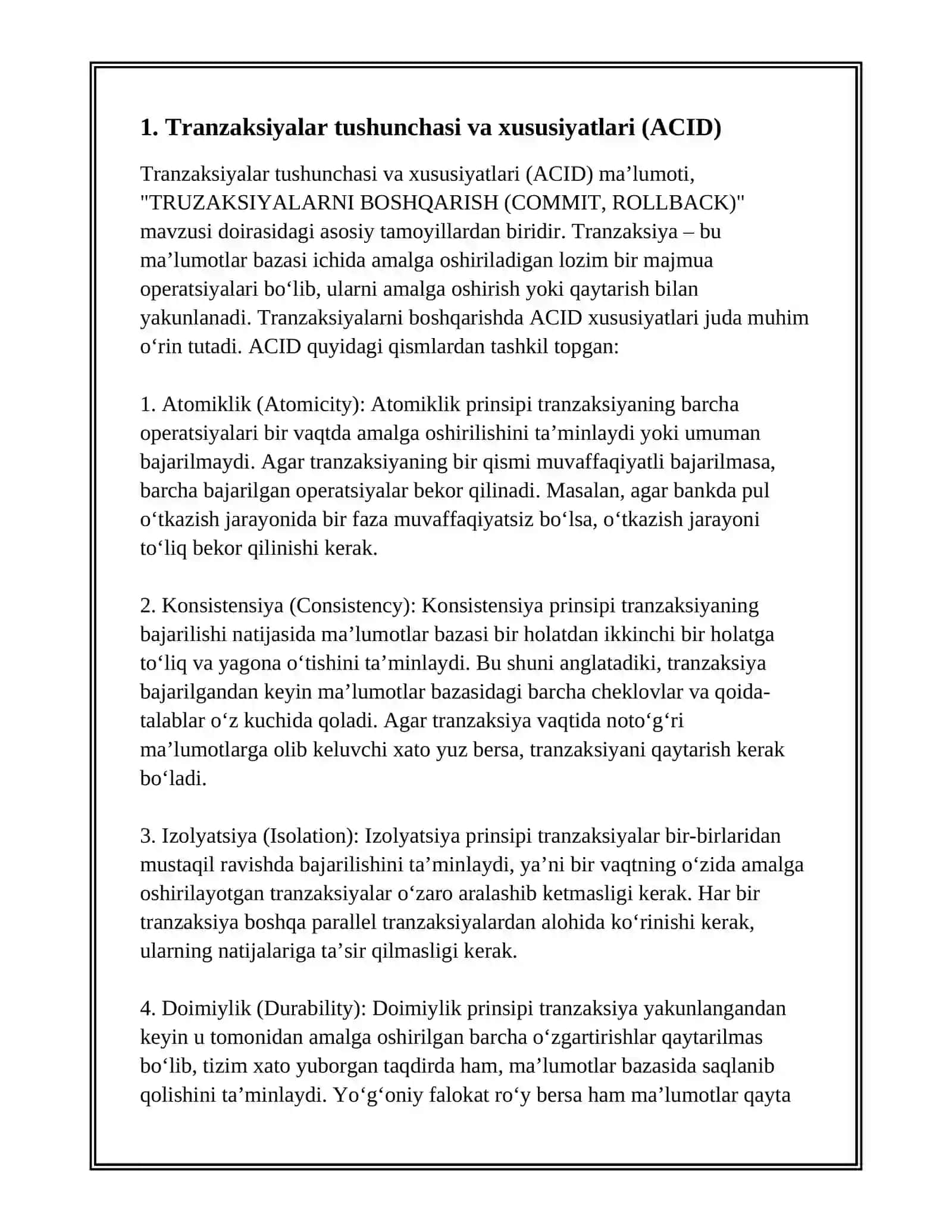 TRUZAKSIYALARNI BOSHQARISH (COMMIT, ROLLBACK) 2